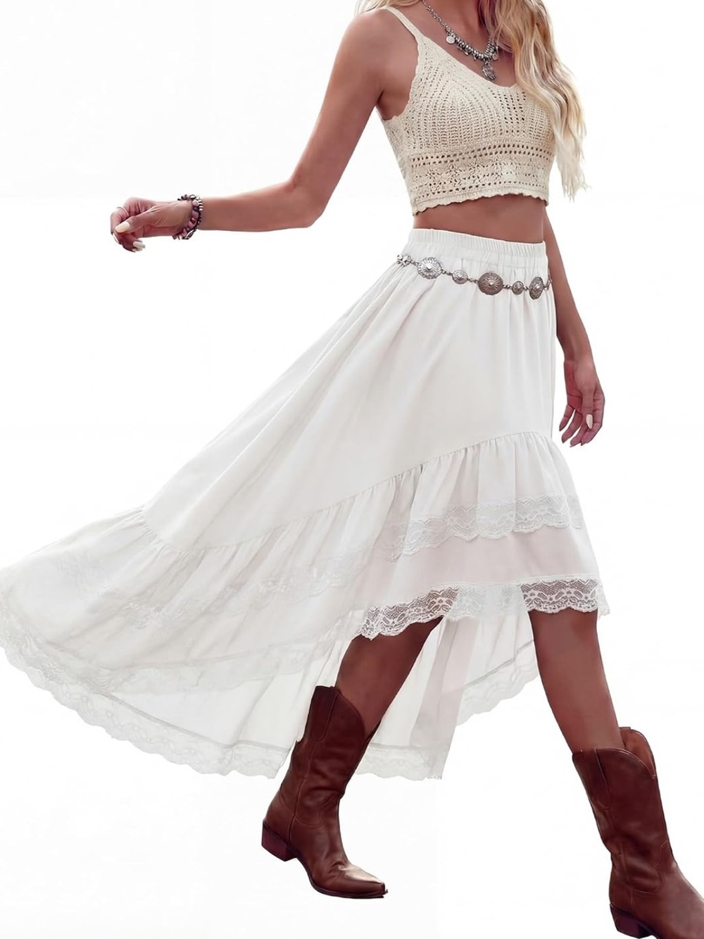 Women's Western Cowgirl Lace Boho Flowy Skirt Country Concert Skirt Only